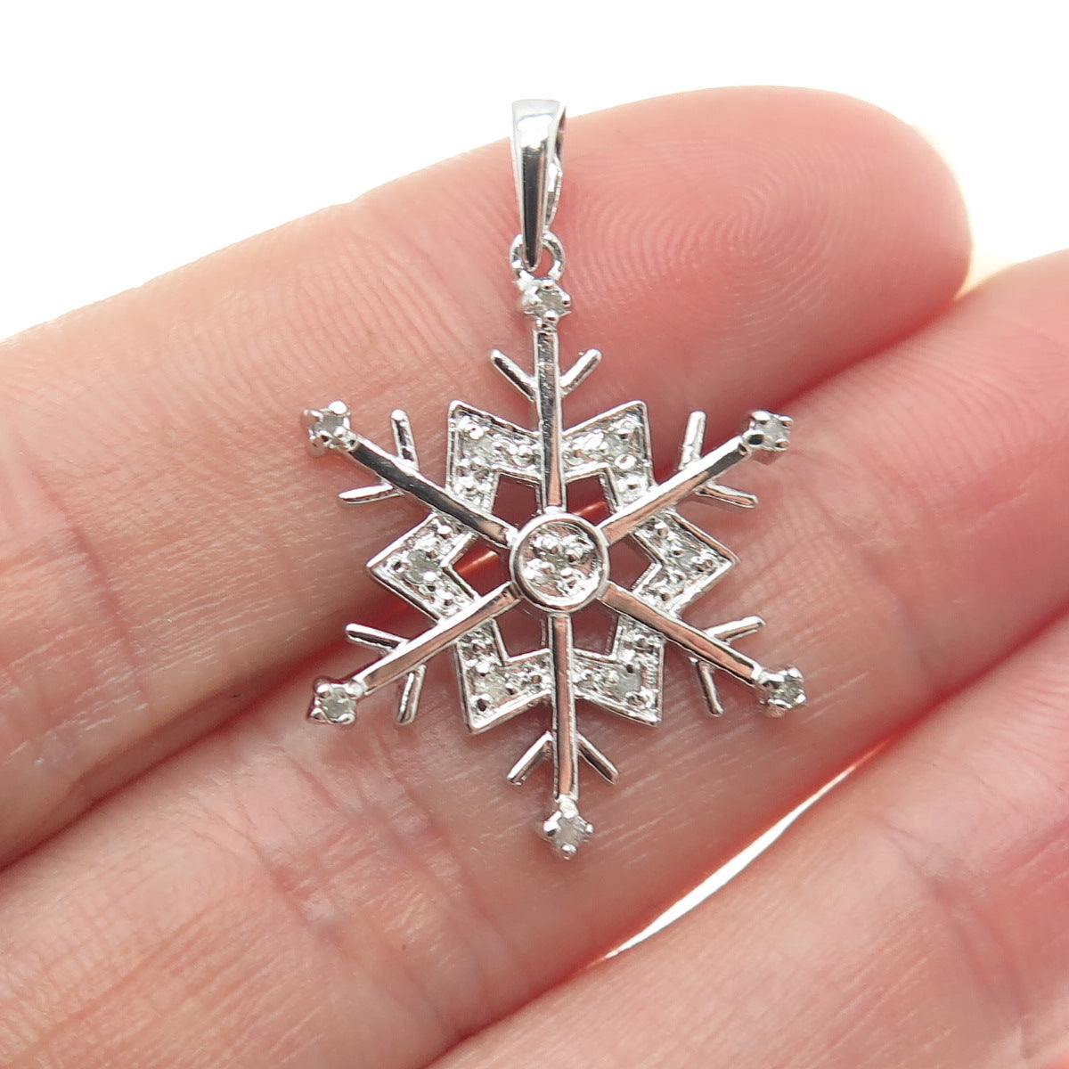 925 Sterling Silver Real Round-Cut Diamond Snowflake Minimalist Pendant