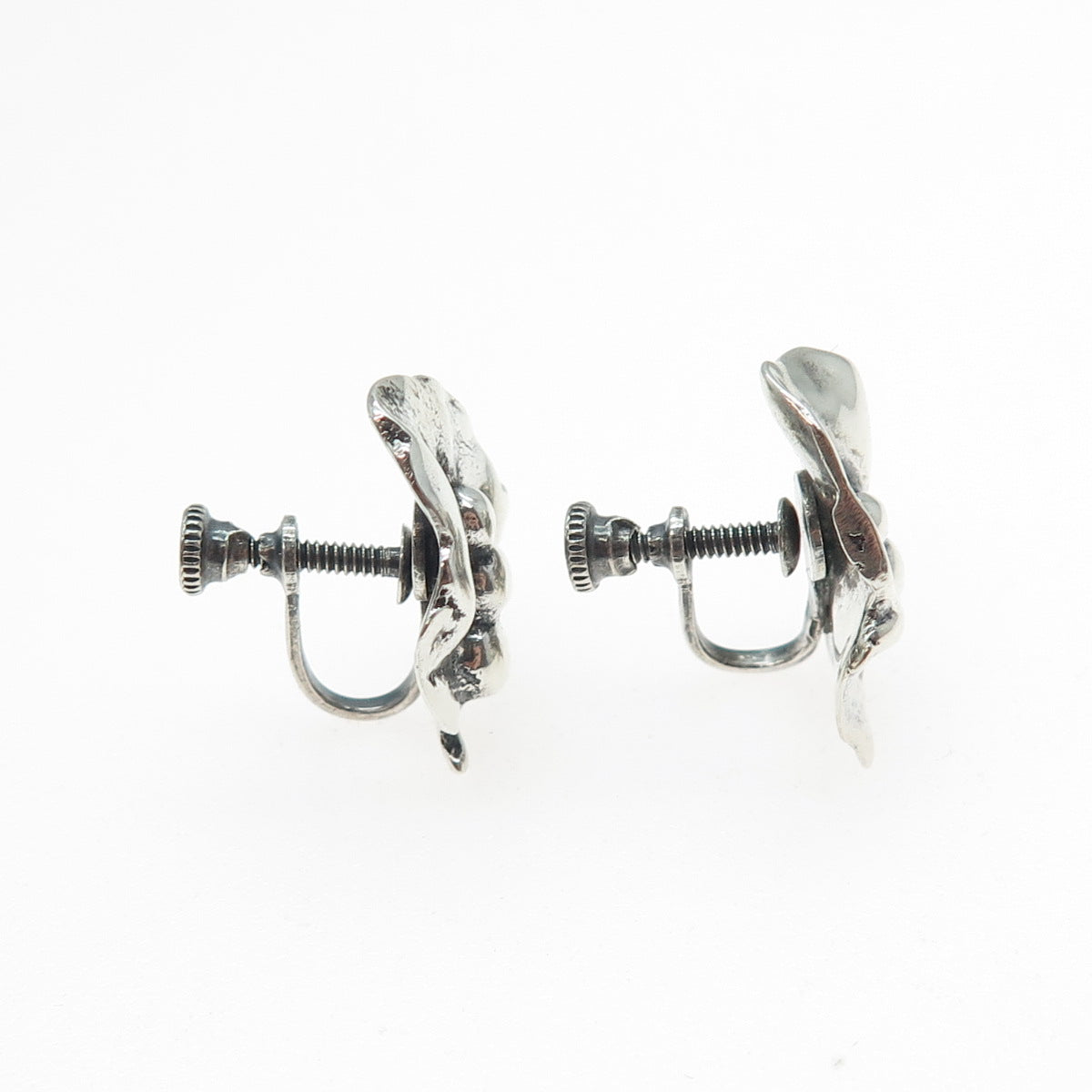 925 Sterling Silver Vintage Lily Flower Oxidized Screw Back Earrings