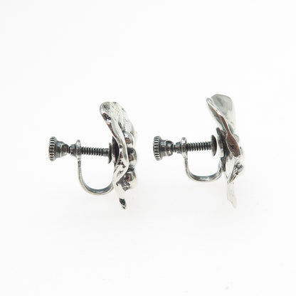 925 Sterling Silver Vintage Lily Flower Oxidized Screw Back Earrings