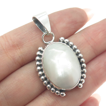 BEA TOM Old Pawn 925 Sterling Silver Vintage Real Mother-of-Pearl Beaded Pendant