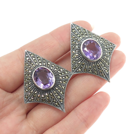 JUDITH JACK 925 Sterling Silver Vintage Amethyst Marcasite Omega Back Earrings