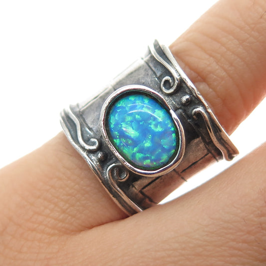 925 Sterling Silver Vintage Real Opal Modernist Oxidized Ring Size 6.25