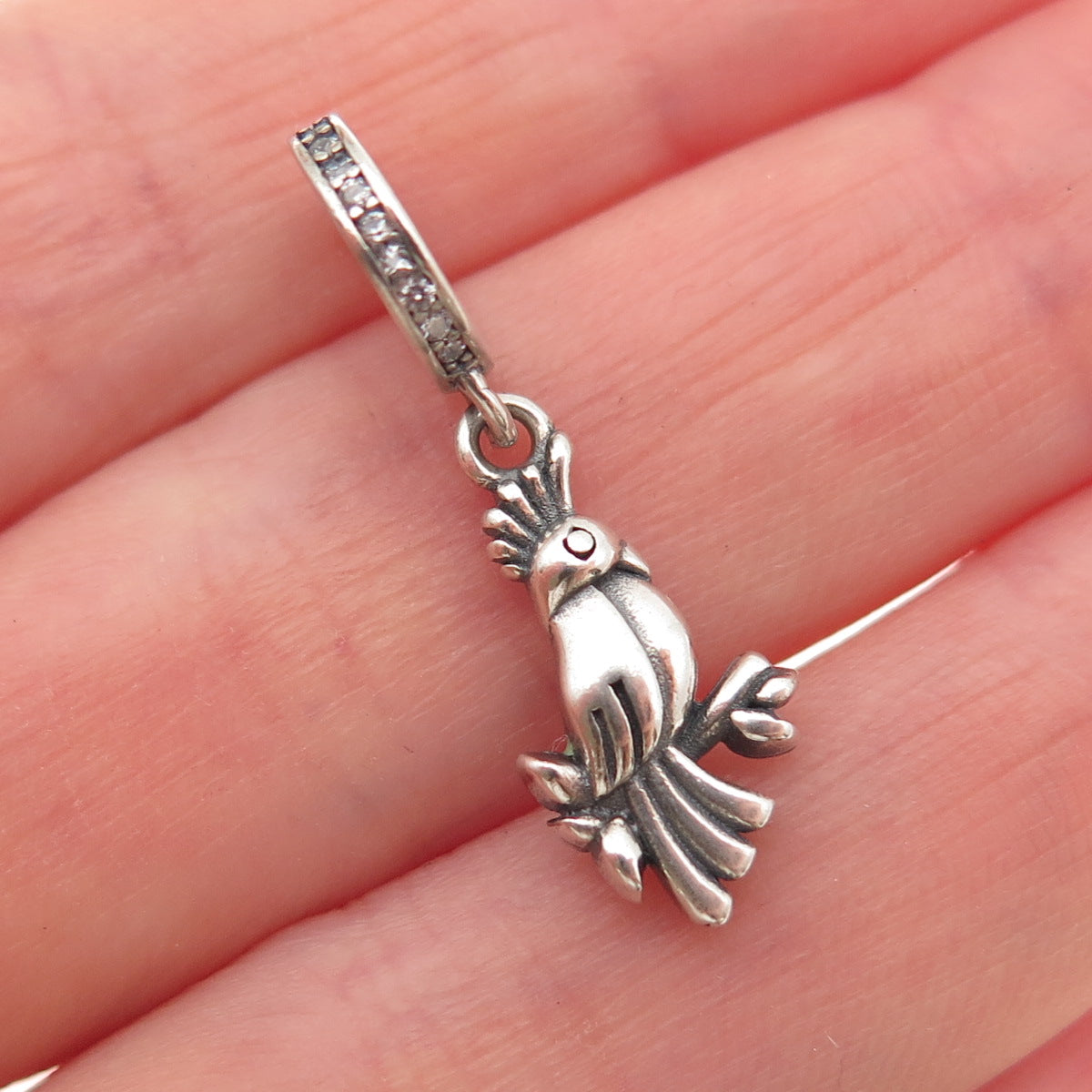 925 Sterling Silver Enamel & C Z Parrot Bird Dangle Slide Charm