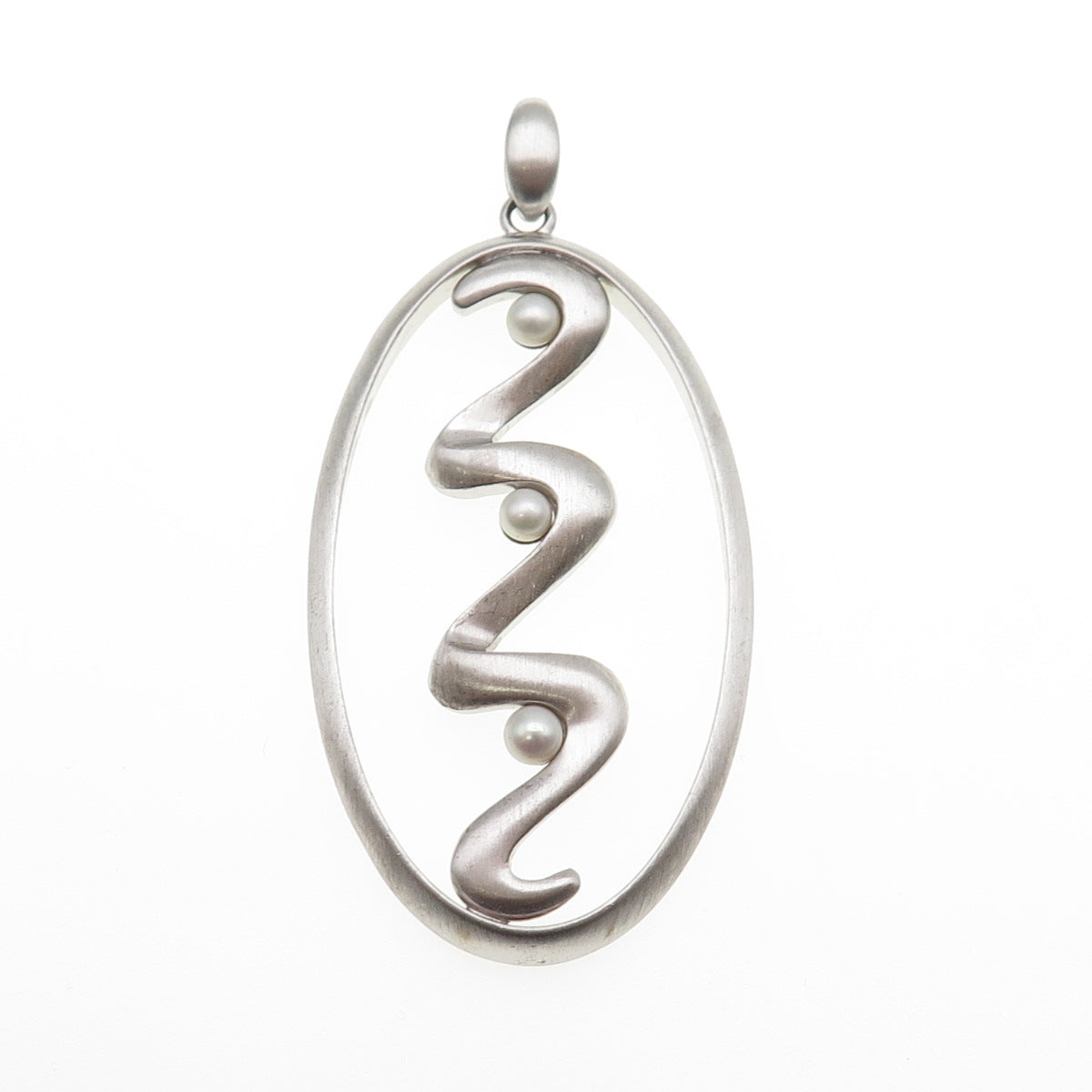 925 Sterling Silver Vintage Real Pearl Modernist Zig Zag Pendant
