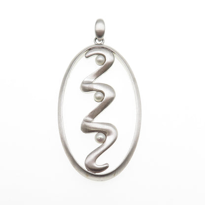 925 Sterling Silver Vintage Real Pearl Modernist Zig Zag Pendant
