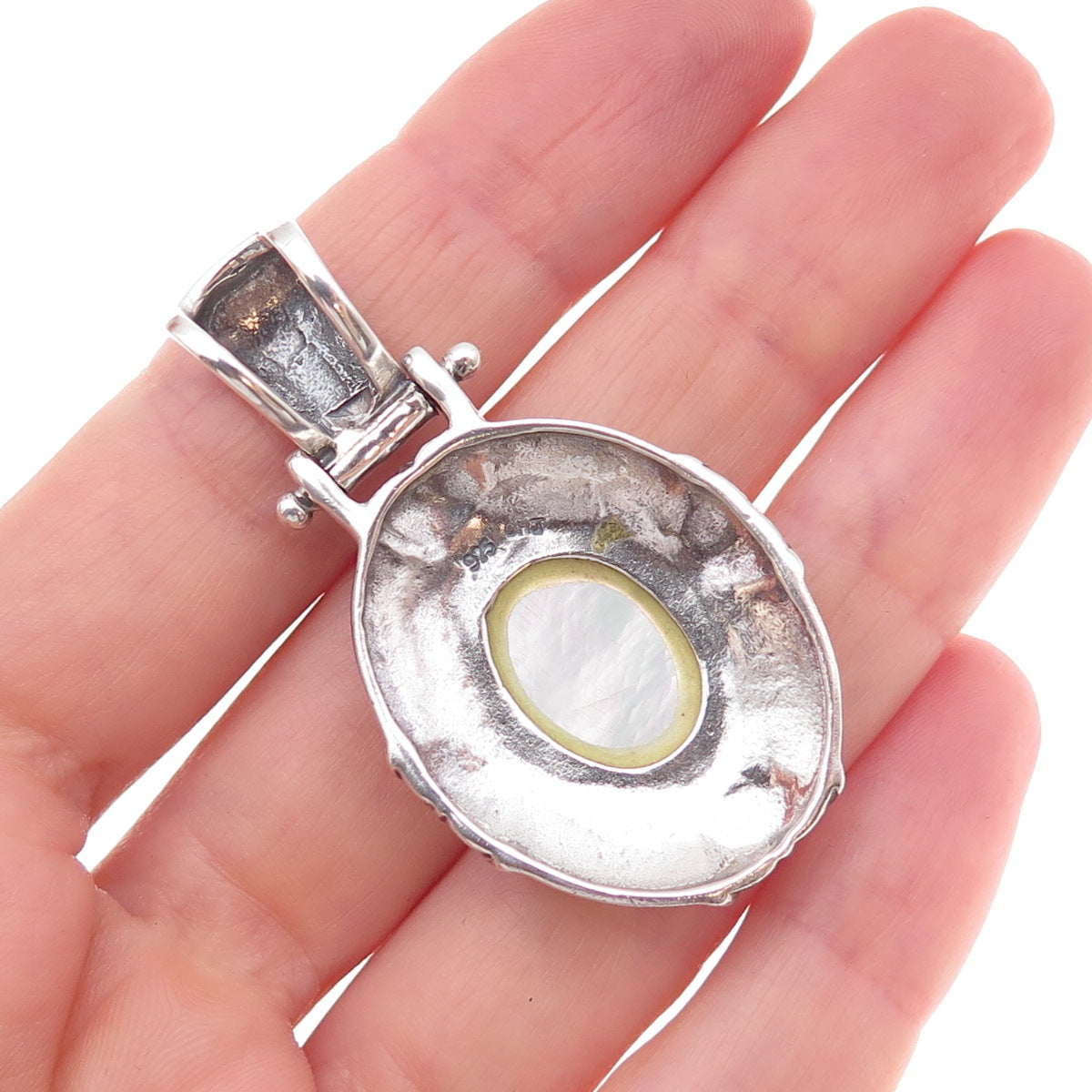 Collins 925 Sterling Silver Vintage Real MOP Oxidized Pendant