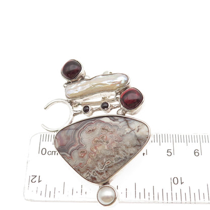 Som’s Sterling Vintage Real Agate Pearl Rhodonite Modernist Pin Brooch / Pendant