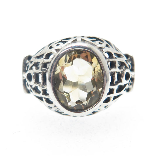 925 Sterling Silver Vintage Real Oval-Cut Citrine Ornate Oxidized Ring Size 7