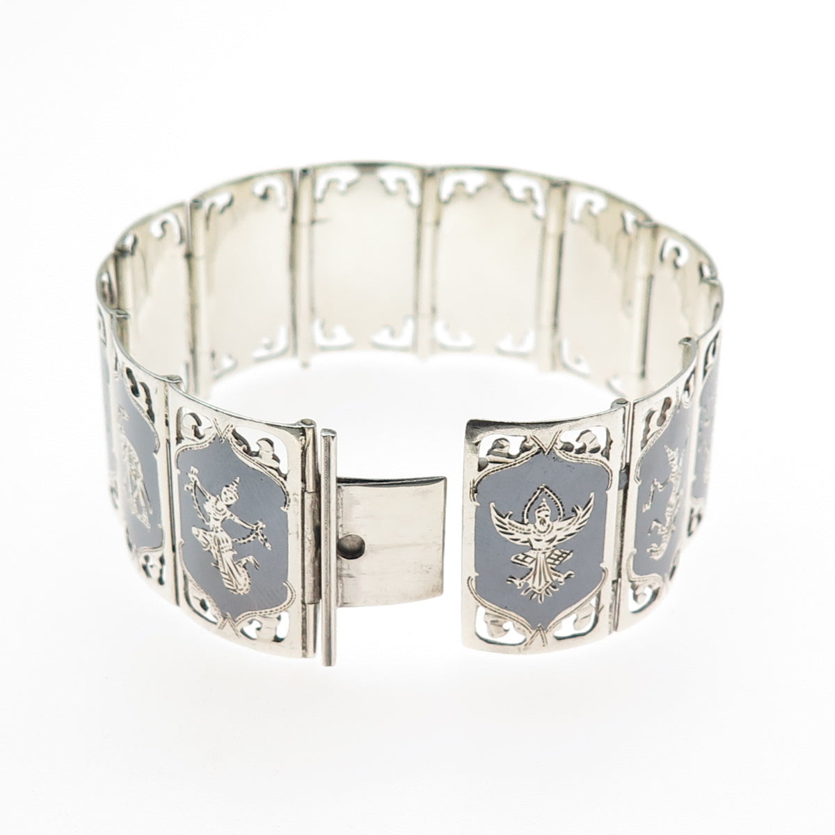 925 Sterling Silver Antique Siam Niello Hindu Goddess Panel Link Bracelet 6.75"