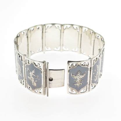 925 Sterling Silver Antique Siam Niello Hindu Goddess Panel Link Bracelet 6.75"