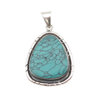 925 Sterling Silver Vintage Mexico Real Turquoise Modernist Oxidized Pendant