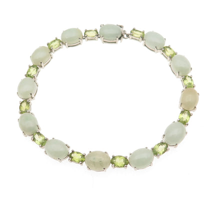 925 Sterling Silver Vintage Real Cabochon Jade & Oval-Cut Peridot Bracelet 7.5"
