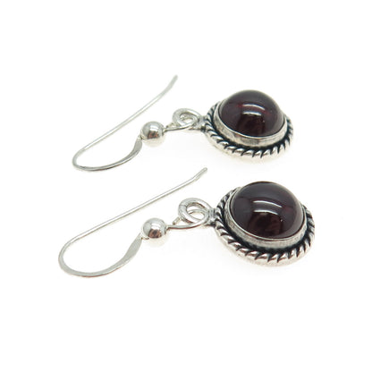 925 Sterling Silver Vintage Real Red Garnet Gemstone Dangle Hook Earrings