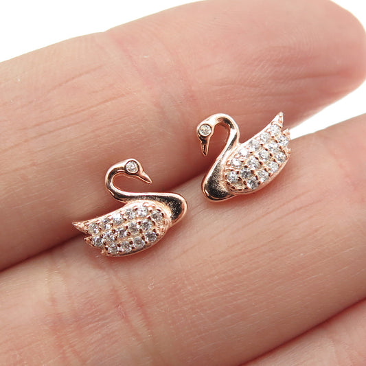 925 Sterling Silver Rose Gold Plated Pave C Z Swan Stud Earrings