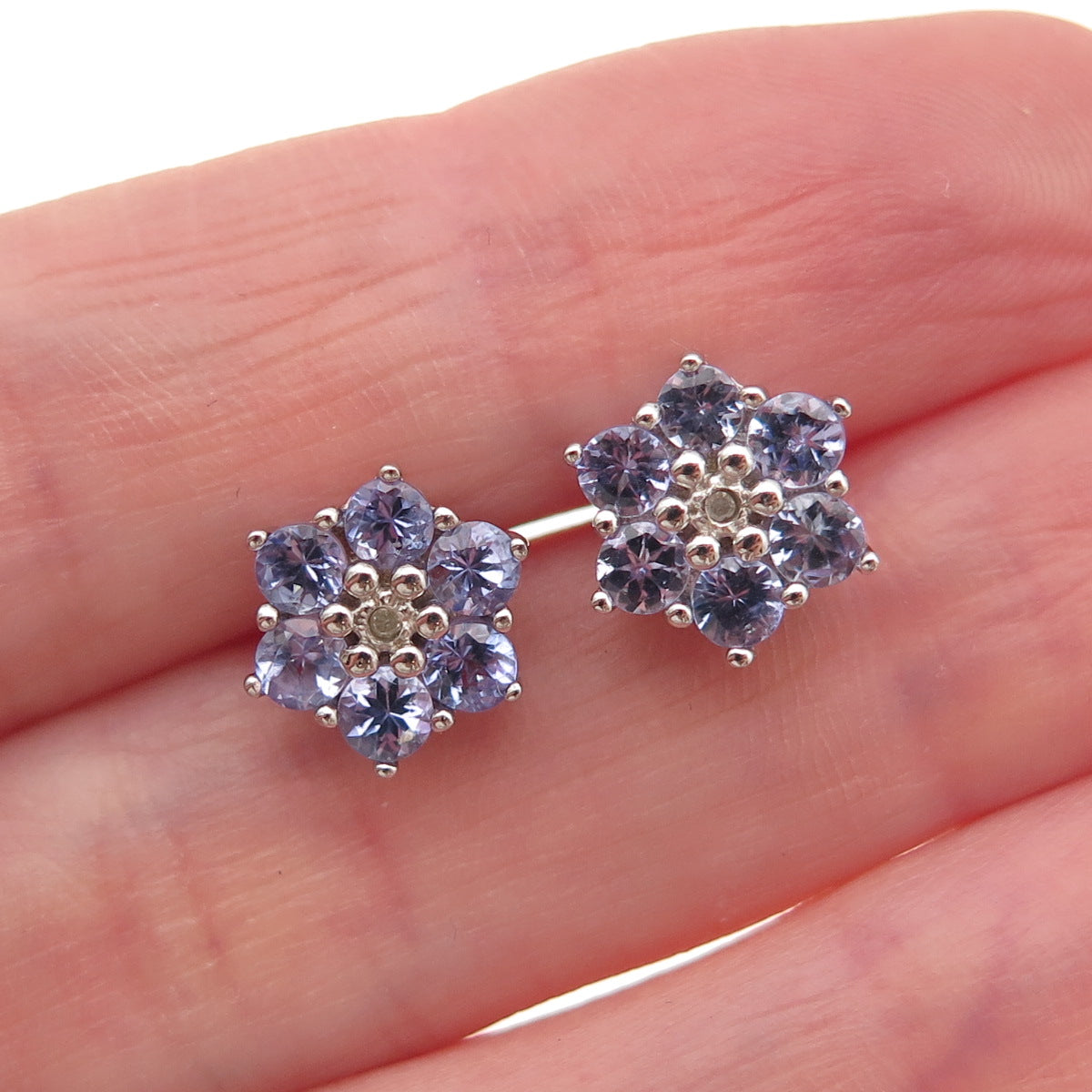 925 Sterling Silver Real Round-Cut Diamond & Tanzanite Floral Stud Earrings