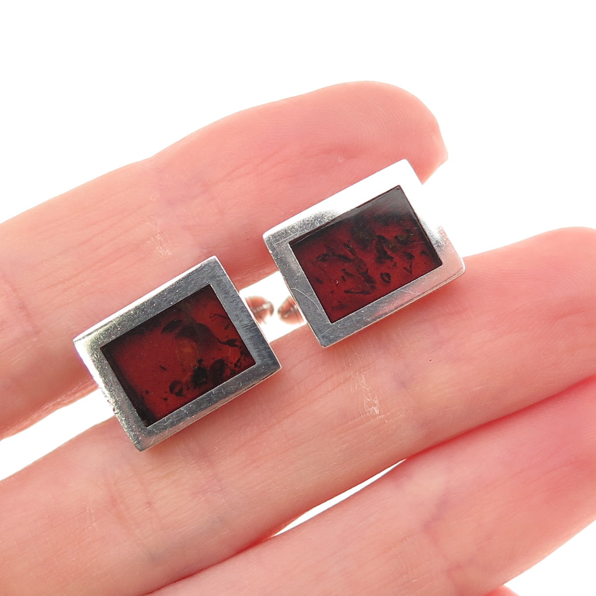925 Sterling Silver Vintage Real Amber Modernist Cufflinks