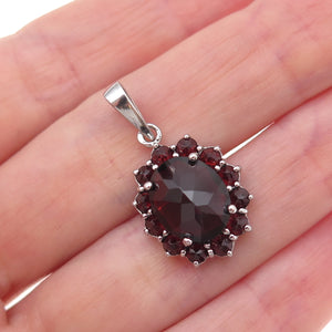 925 Sterling Silver Vintage Real Oval & Round-Cut Red Garnet Charm Pendant