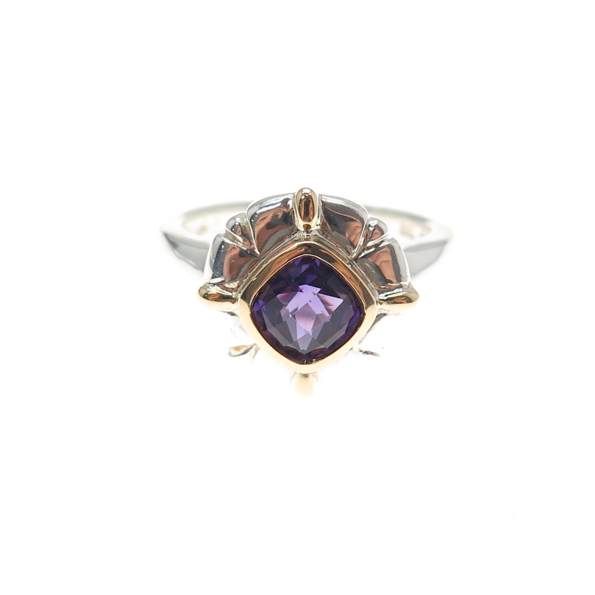 18K Gold 925 Sterling Silver Vintage Real Amethyst Modernist Ring Size 7.25