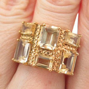 925 Sterling Silver Gold Plated Real Emerald-Cut Citrine Ring Size 7.5