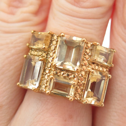 925 Sterling Silver Gold Plated Real Emerald-Cut Citrine Ring Size 7.5