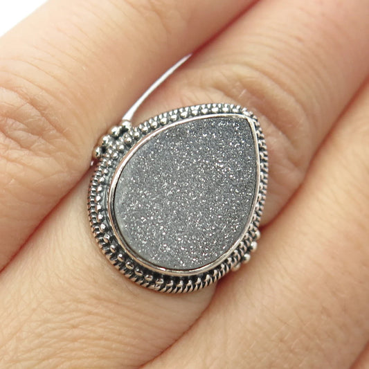925 Sterling Silver Vintage Sarda Real Druzy Ornate Ring Size 6