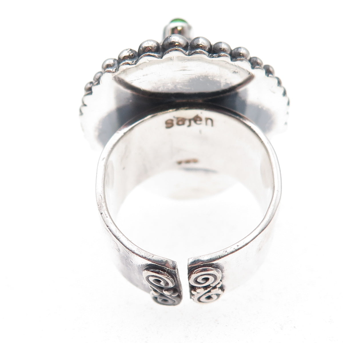 Sajen Sterling Silver Vintage Onyx & Tourmaline Goddess Adjustable Ring Size 8.5