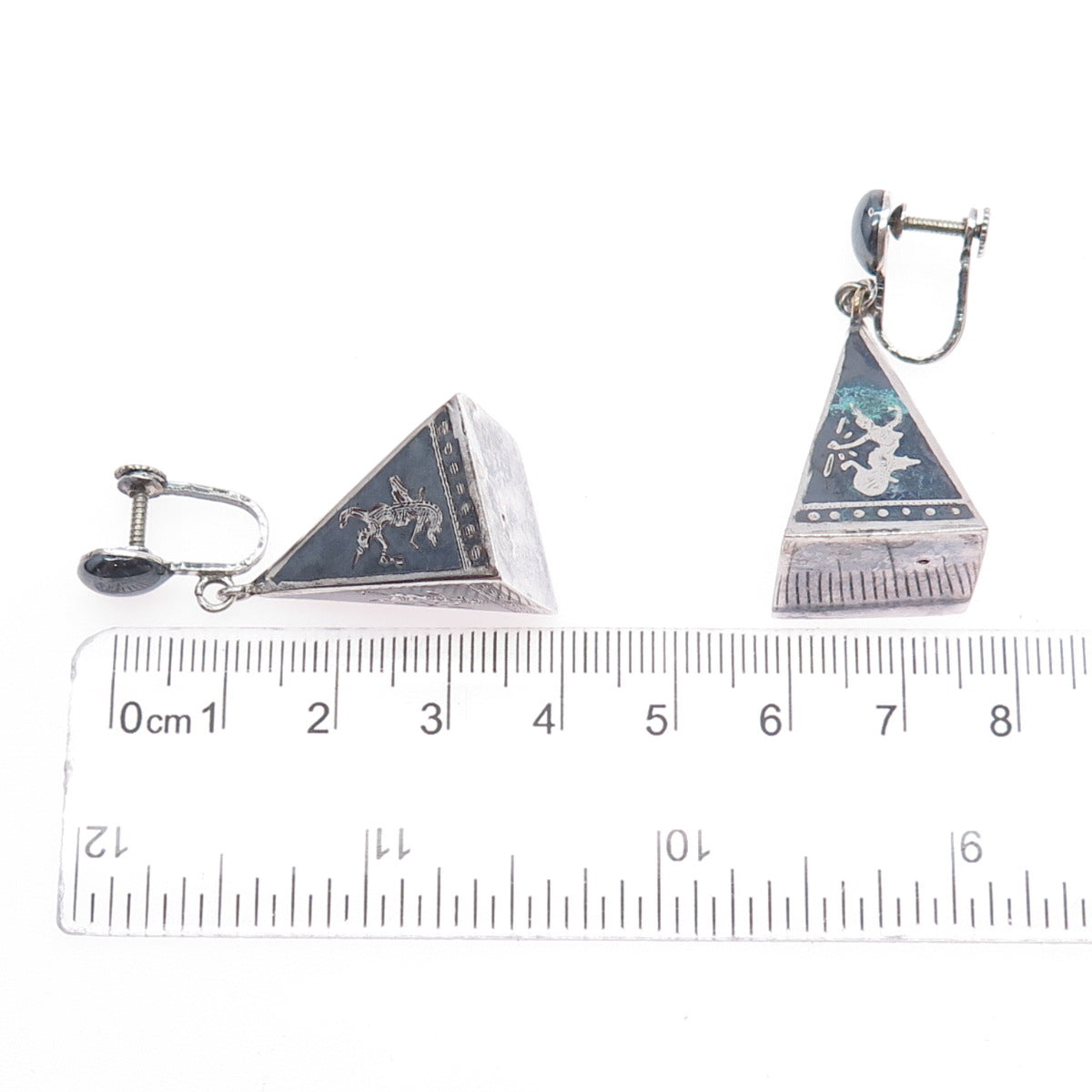 925 Sterling Silver Antique Siam Niello Hindu Goddess Screw Back Dangle Earrings