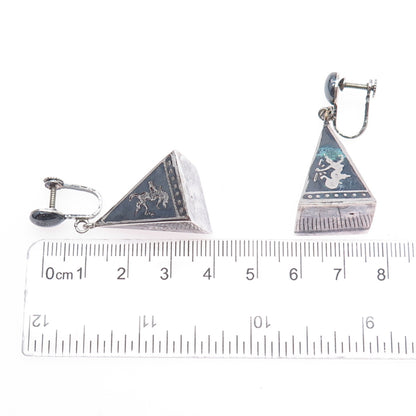 925 Sterling Silver Antique Siam Niello Hindu Goddess Screw Back Dangle Earrings