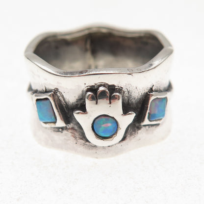 925 Sterling Silver Vintage Real Opal Hamsa Amulet Oxidized Ring Size 7.75
