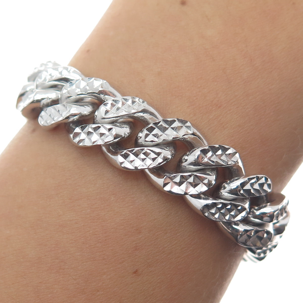 925 Sterling Silver Italy Diamond-Cut Cuban Link Heavy 79.4g Bracelet 8.5"