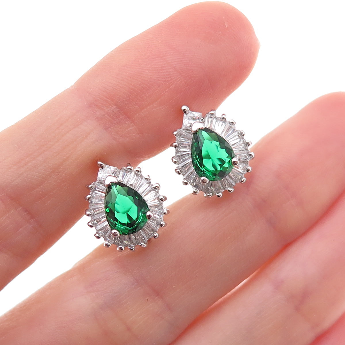 925 Sterling Silver Green & White C Z Teardrop Earrings