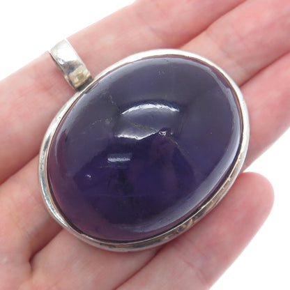 925 Sterling Silver Vintage Real Cabochon Amethyst Modernist Pendant