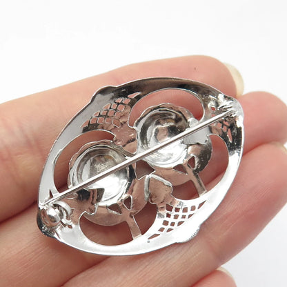 925 Sterling Silver Antique Real Marcasite Gemstone Rose Floral Pin Brooch