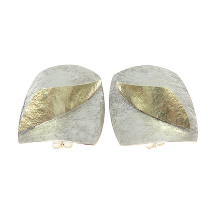 14K Yellow Gold & 925 Sterling Silver Vintage Modernist Brushed Petal Earrings