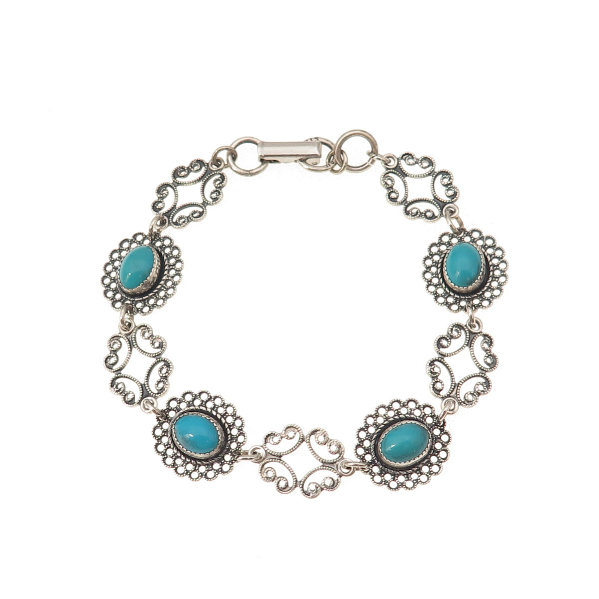 Beau 925 Sterling Silver Vintage Real Turquoise Filigree Oxidized Bracelet 7"