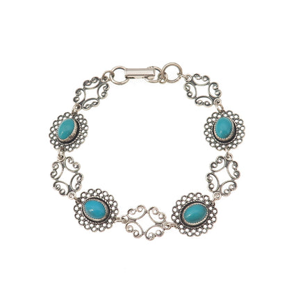 Beau 925 Sterling Silver Vintage Real Turquoise Filigree Oxidized Bracelet 7"