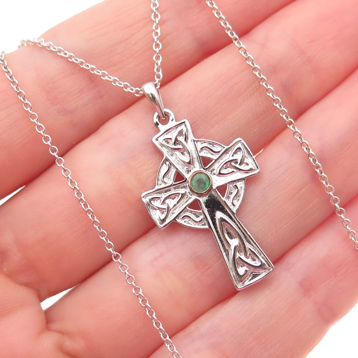 Shanore 925 Sterling Vintage Real Emerald Celtic Cross Cable Chain Necklace 18"