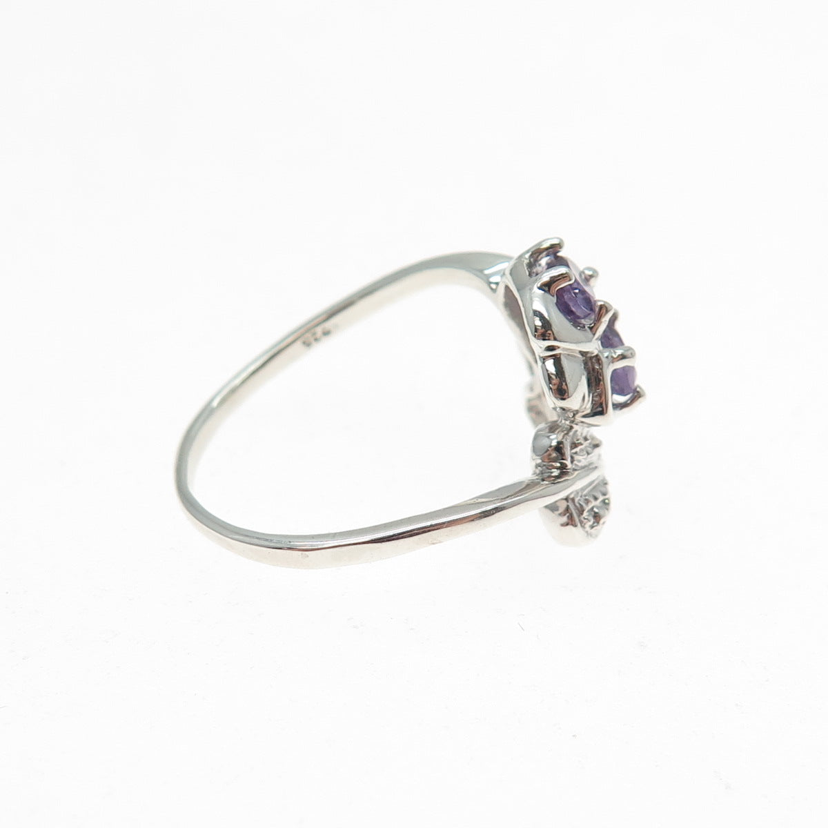 925 Sterling Silver Real Diamond Accent & Amethyst Floral Leaf Ring Size 6.75