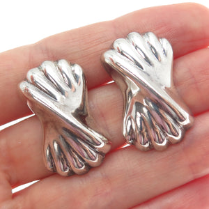 925 Sterling Silver Vintage Modernist Ribbed Bow Oxidized Earrings