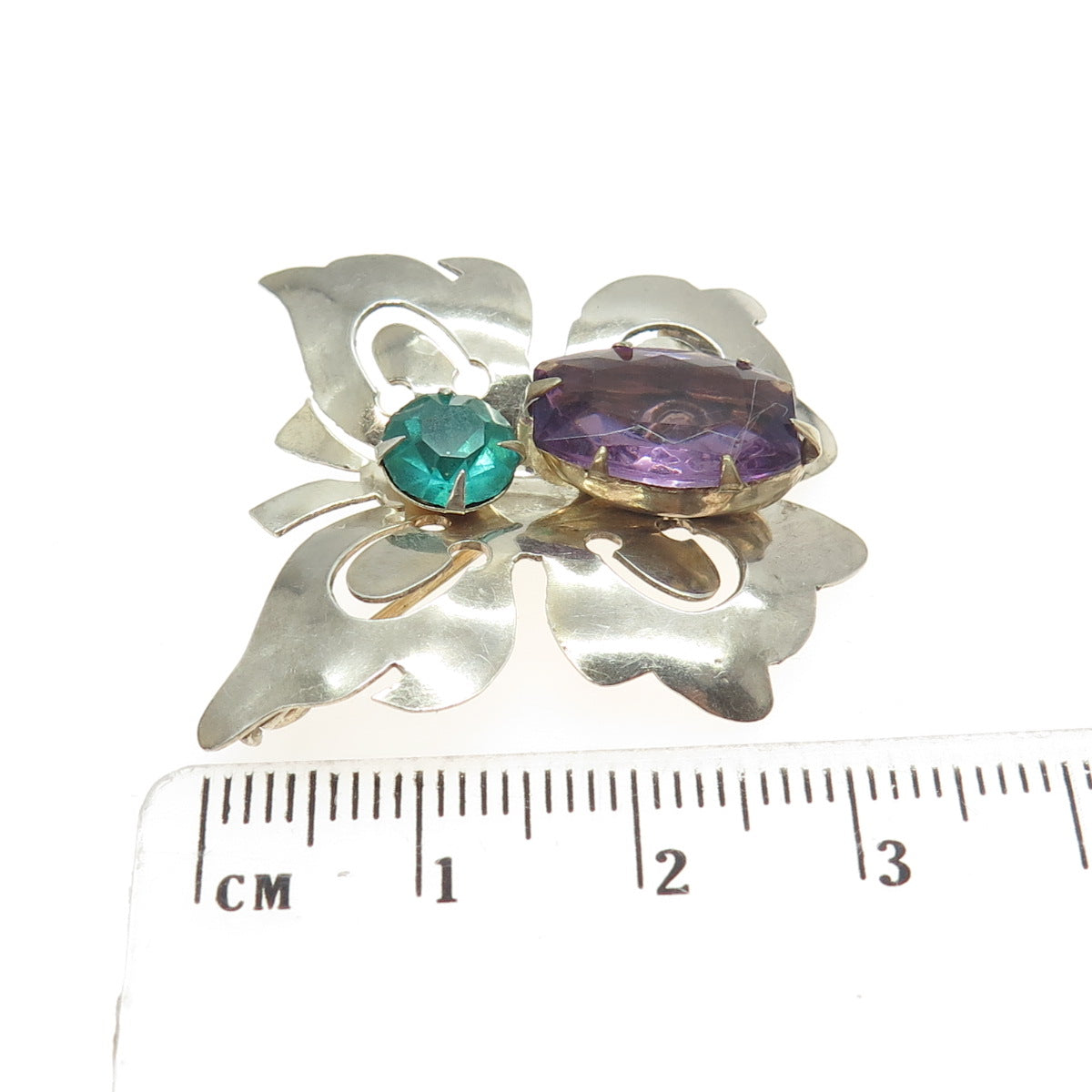 925 Sterling Silver Antique Art Deco Real Amethyst & Rhinestone Butterfly Brooch