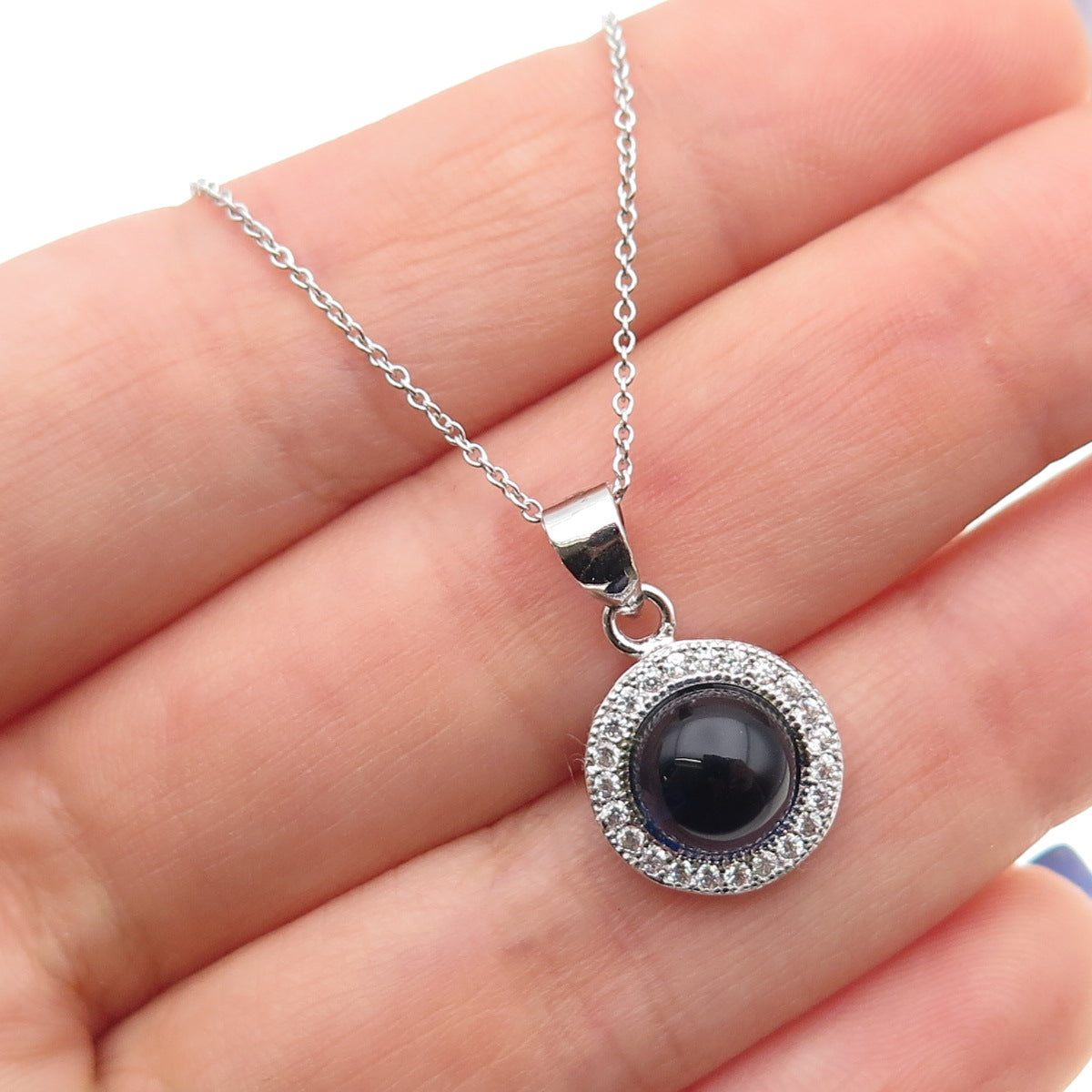 925 Sterling Silver Italy Round-Cut Blue & White C Z Cable Chain Necklace 18"