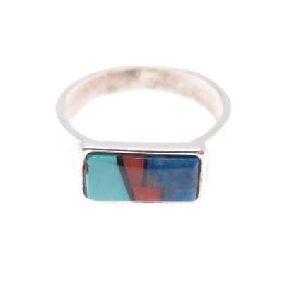 Teme Sunburst Old Pawn Sterling Silver Turquoise Coral Onyx Lapis Ring Size 9.75