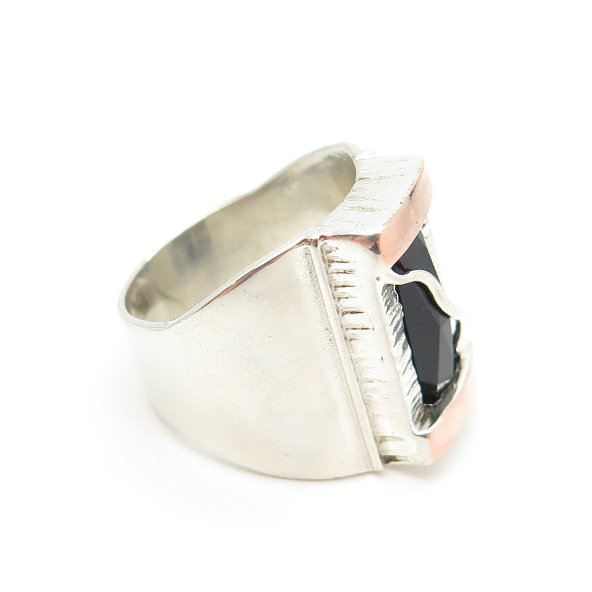 925 Sterling Silver Vintage 2-Tone Real Black Onyx Modernist Ring Size 6.75