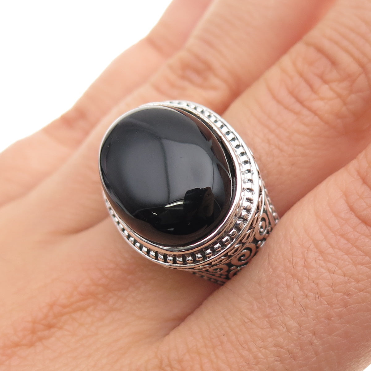 AF DESIGN 925 Sterling Silver Vintage Real Black Onyx Swirl Oxidized Ring Size 8