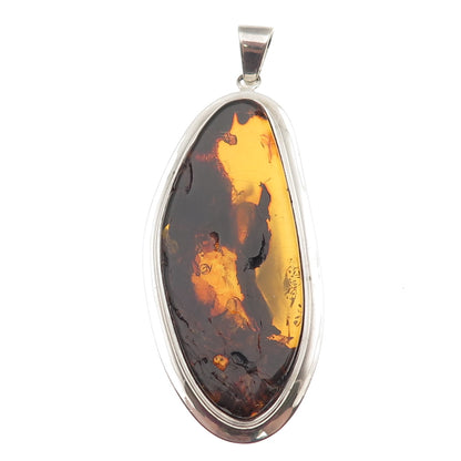 925 Sterling Silver Vintage Real Amber Modernist Pendant