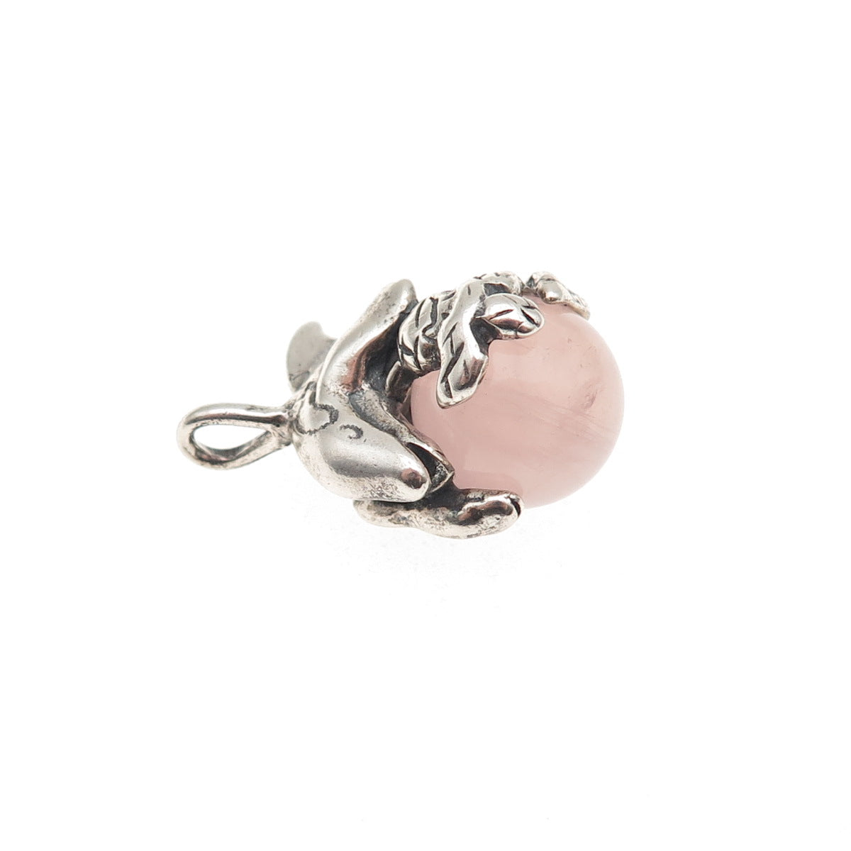 925 Sterling Silver Vintage Real Rose Quartz Dolphin Oxidized Charm Pendant