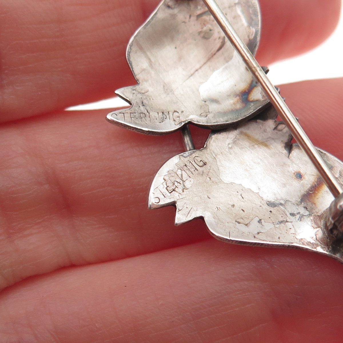 925 Sterling Silver Vintage Modernist Floral Leaf Butterfly Pin Brooch