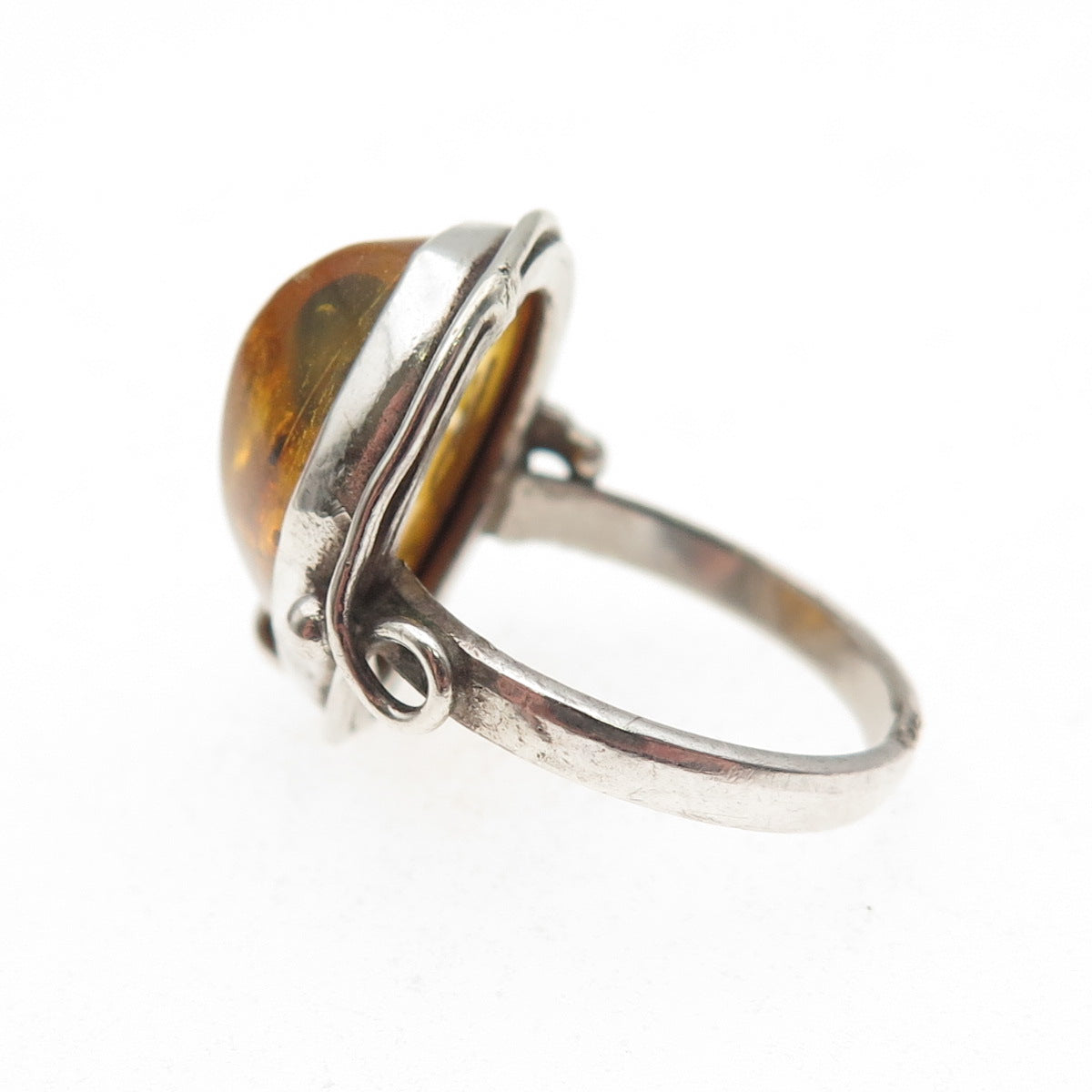 925 Sterling Silver Vintage JP Poland Real Amber Modernist Ring Size 4.75