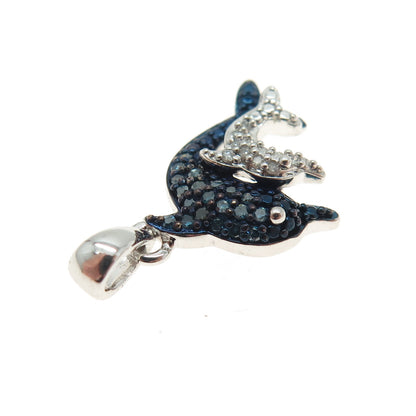 SUN Sterling Silver Real Round-Cut Blue White Diamond Dolphin Minimalist Pendant