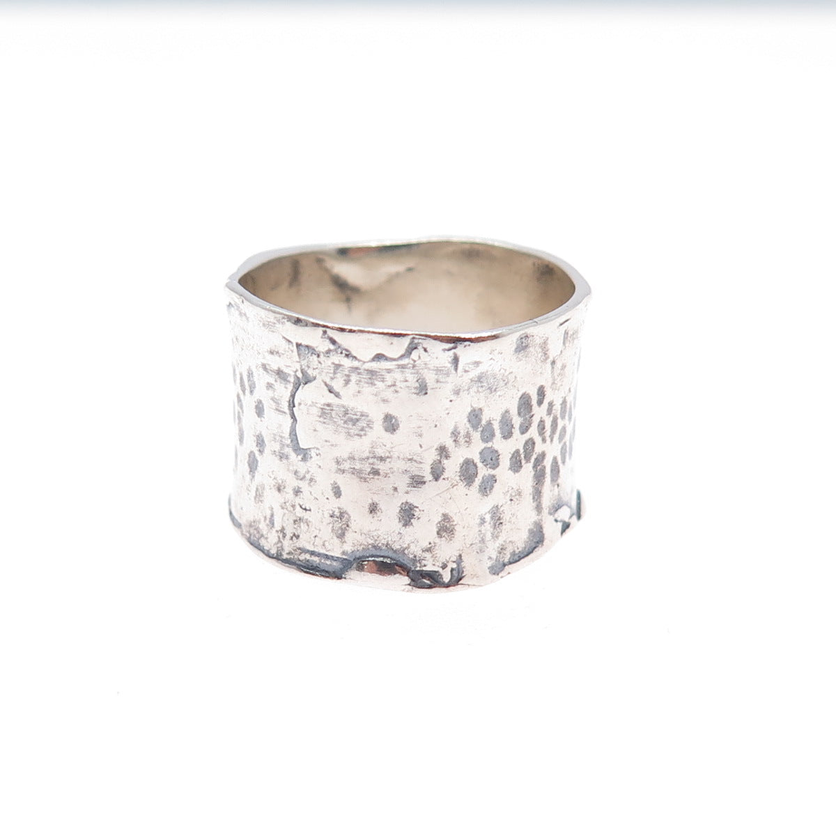925 Sterling Silver Vintage Modernist Hammered Oxidized Wide Band Ring Size 6.25